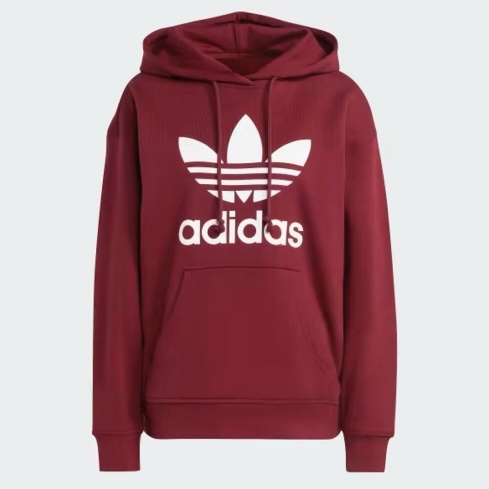 Adidas Trefoil Hoodie with Kangaroo Pocket, Shadow Red, Size XS - Picture 2 of 16